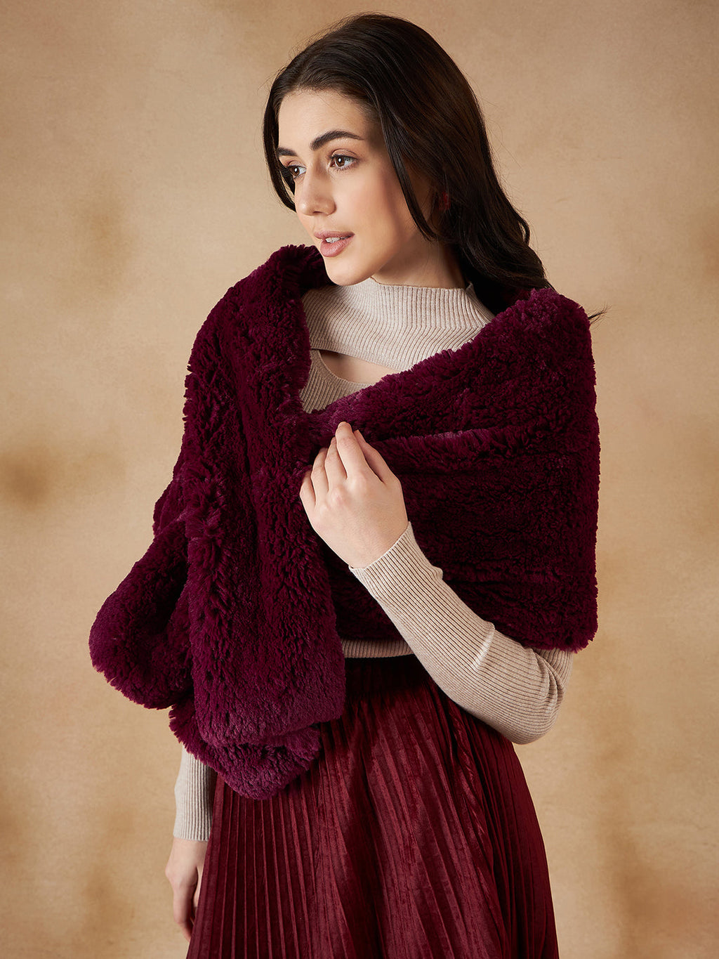 InWeave Women's Burgundy Long Faux Fur Cape | Grocsy