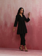 trueBrowns Black Viscose Slub Pleated Kurta Co-ord Set | Grocsy