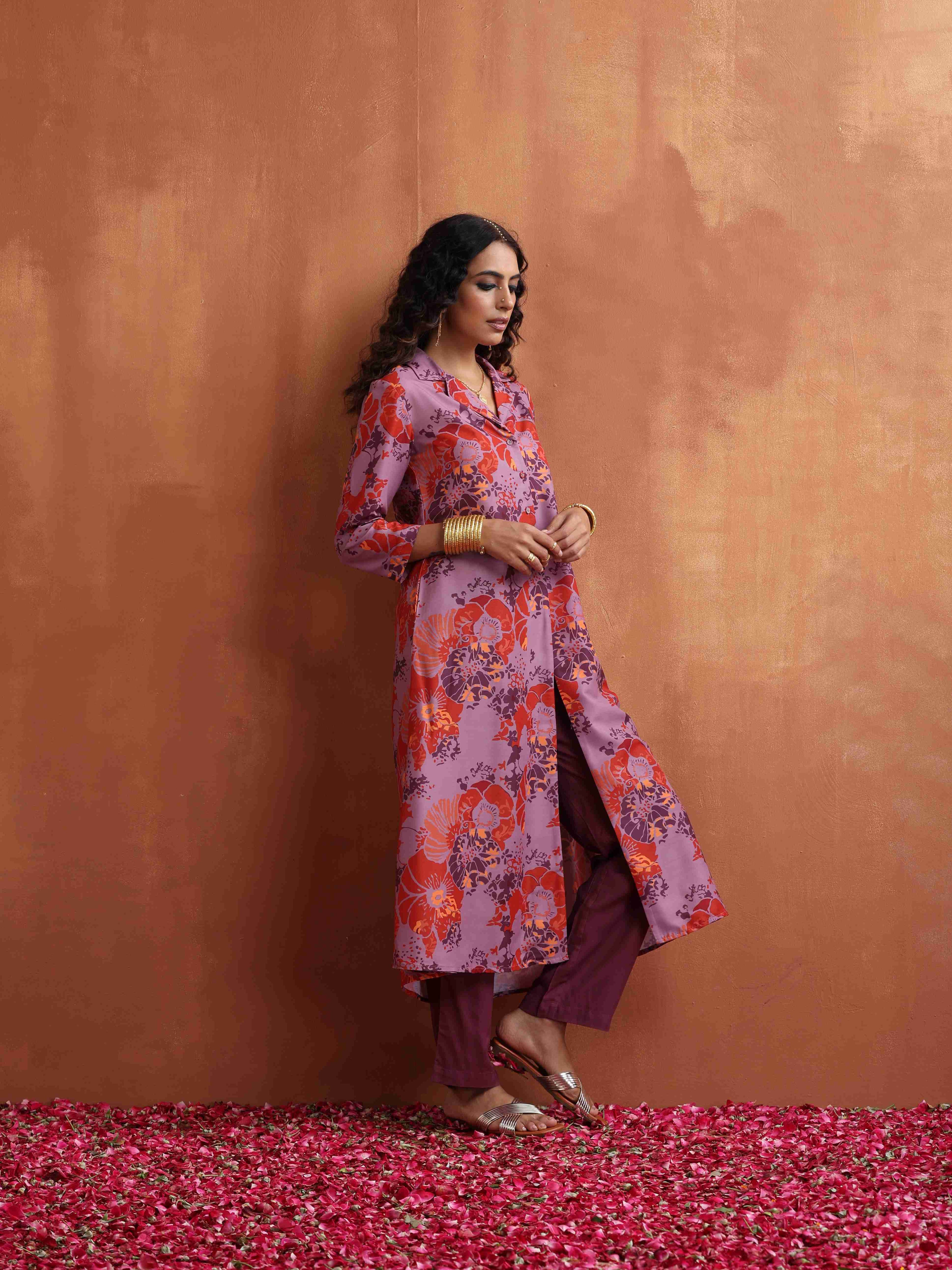 trueBrowns Purple Print Shirt Kurta Set | Grocsy