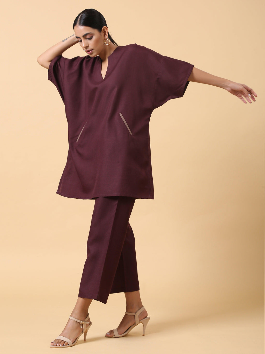 trueBrowns Cotton Linen Purple Boxy Fit Co-Ord Set | Grocsy