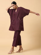 trueBrowns Cotton Linen Purple Boxy Fit Co-Ord Set | Grocsy