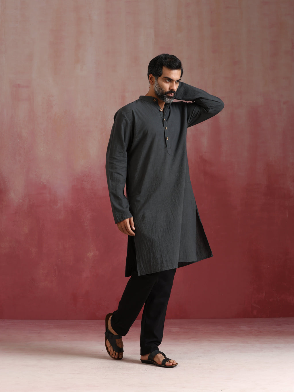 trueBrowns Men's Charcoal Grey Mandarin Collar Kurta | Grocsy