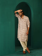trueBrowns Men's Off White Circle Floral Muslin Silk Printed Long Kurta | Grocsy