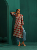 trueBrowns Ivory Red Circle Floral Muslin Silk Printed V-Neck Kurta Pant Set | Grocsy