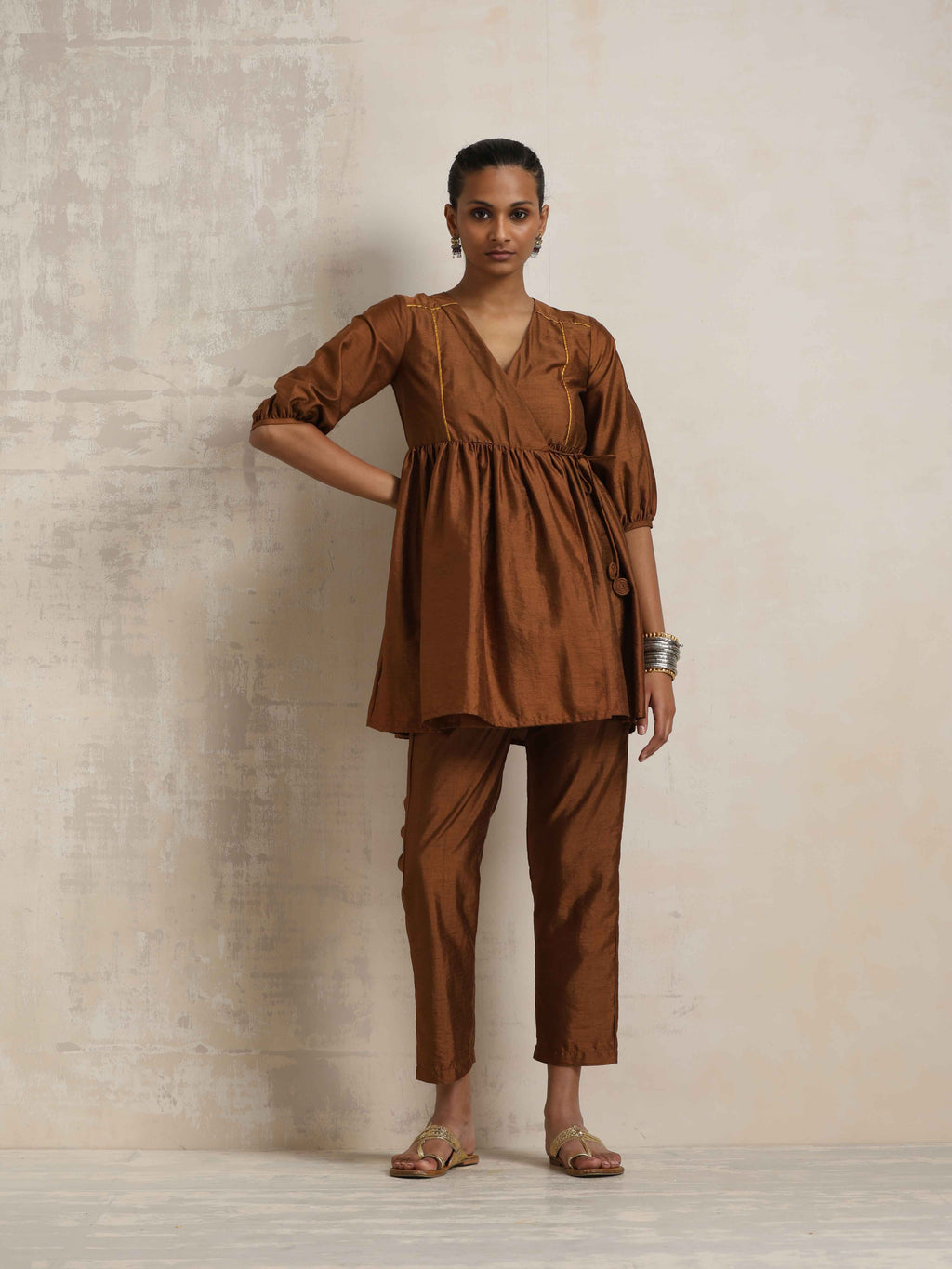 trueBrowns Brown Silk Angrakha Co-ord Set | Grocsy