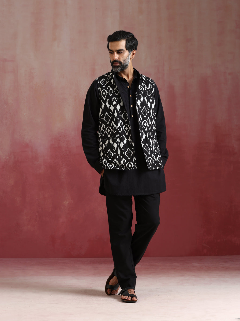 trueBrowns Men's Black Ikat Print Cotton Reversible Nehru Jacket | Grocsy