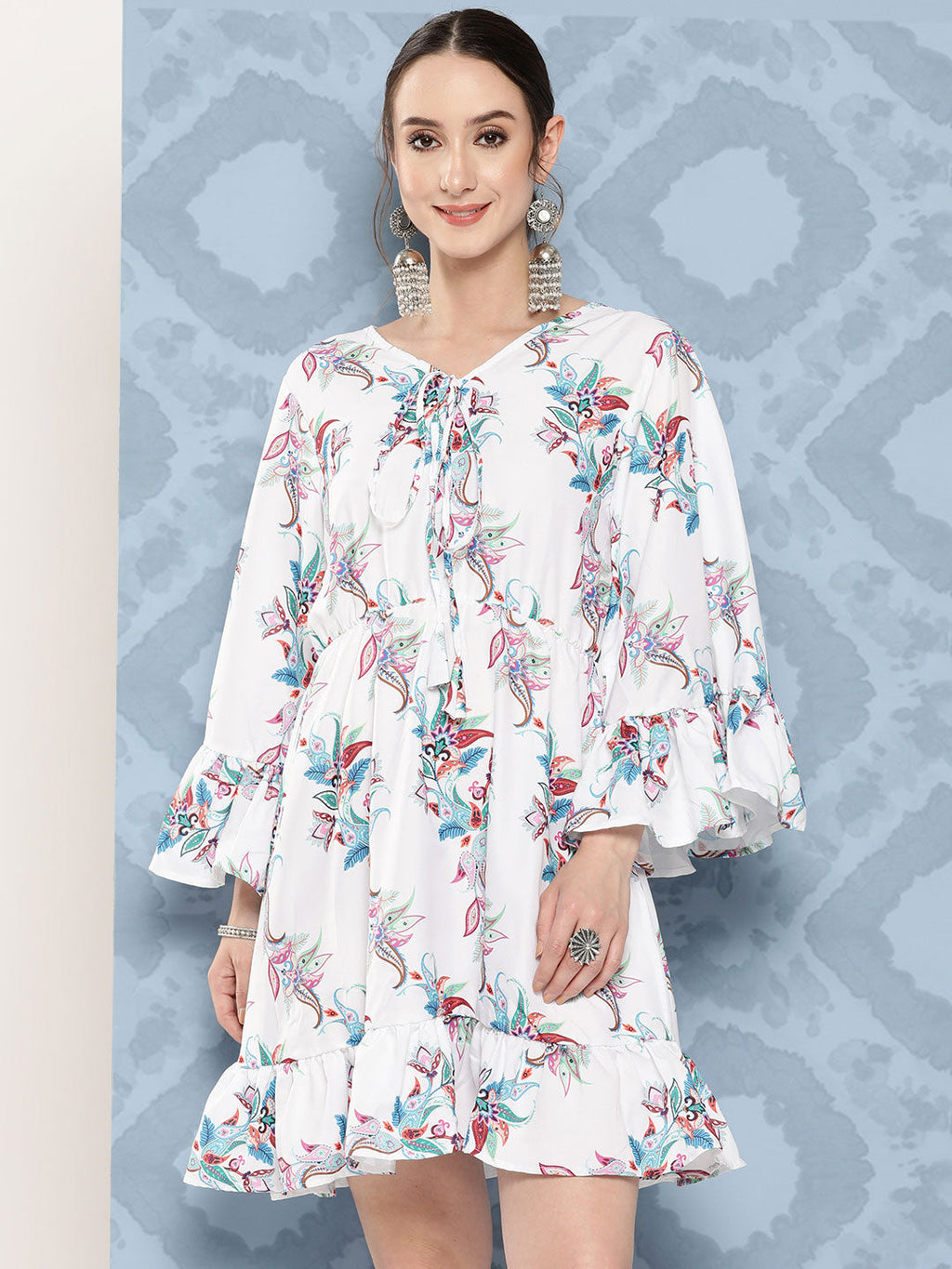 InWeave Women's White Floral Paisley Print Short Dress | Grocsy