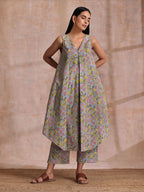 trueBrowns Grey Overall Floral Block Print Cotton Sleeveless Flared Kurta Pant Set | Grocsy