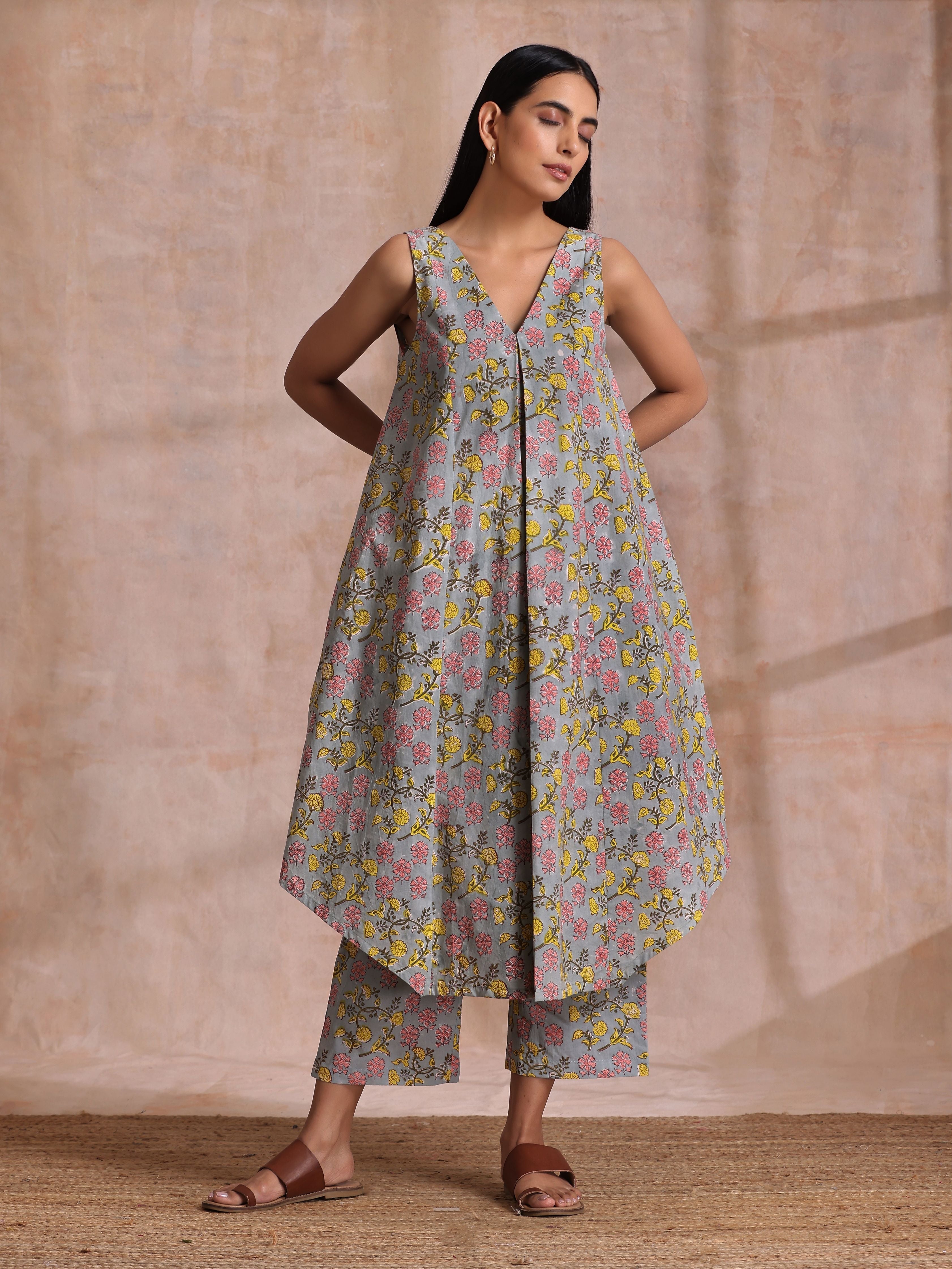 trueBrowns Grey Overall Floral Block Print Cotton Sleeveless Flared Kurta Pant Set | Grocsy