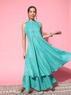 InWeave Women's Teal Lurex Boho Sleevless Kurta Set | Grocsy