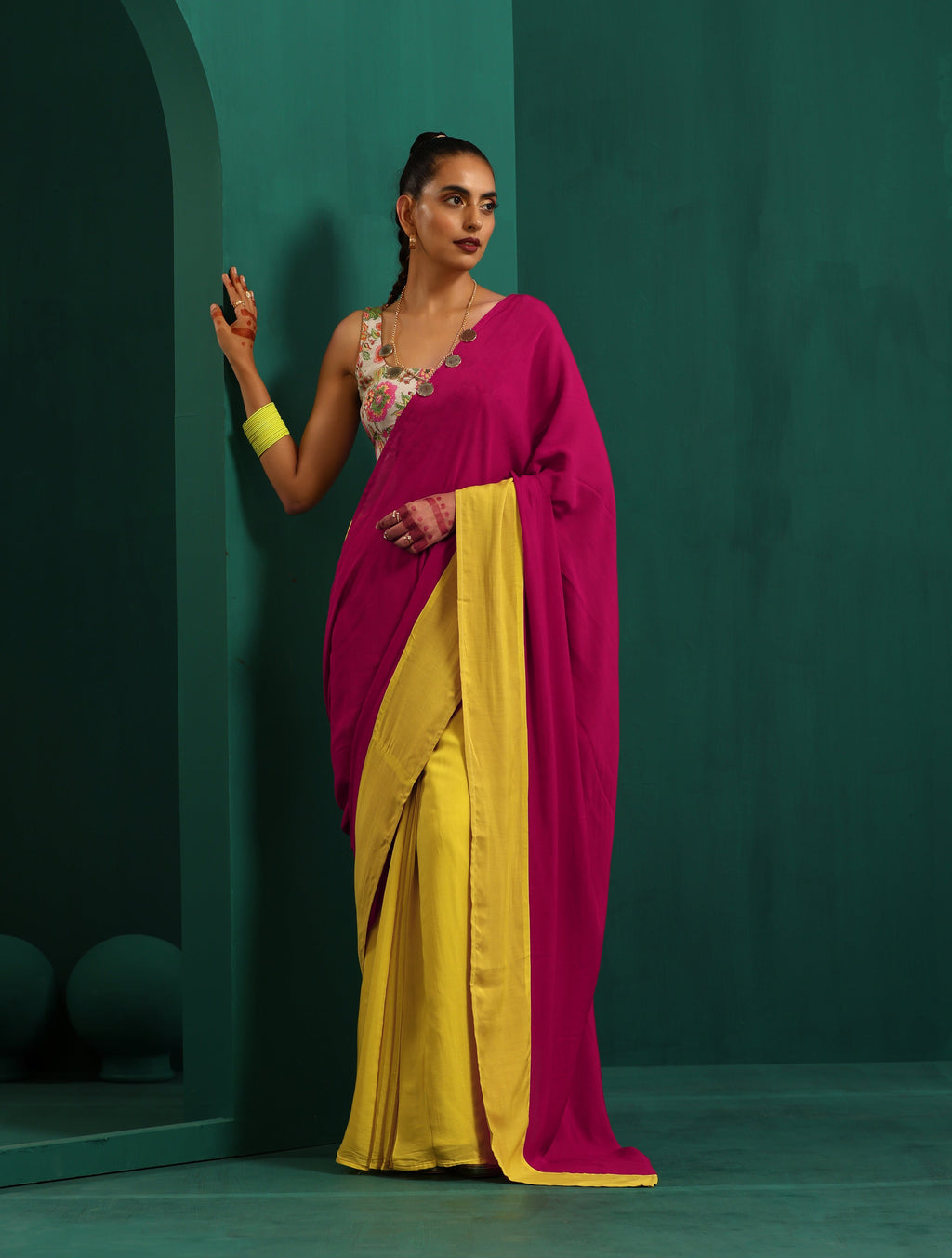trueBrowns Lime Yellow Pink Muslin Silk Ready to Wear Saree | Grocsy