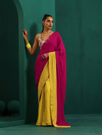 trueBrowns Lime Yellow Pink Muslin Silk Ready to Wear Saree | Grocsy