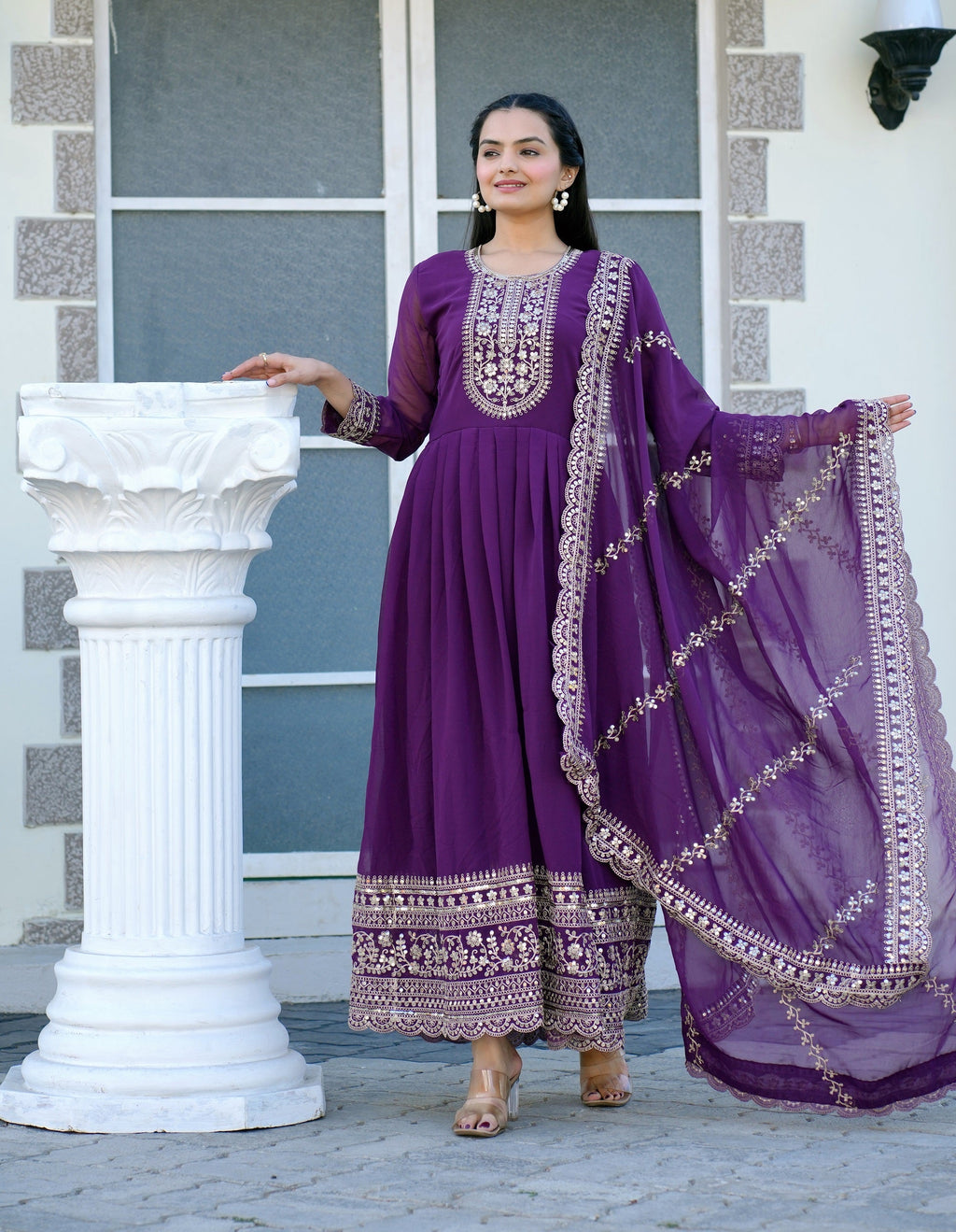 Teeya Creation Purple Color Georgette Silk Heavy Embroidery Work Fully Stitched Gown Set | Grocsy