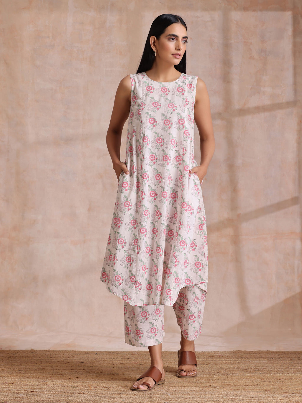 trueBrowns Pink Green Buta On White Block Print Cotton High-Low Co-Ord Set | Grocsy