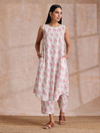 trueBrowns Pink Green Buta On White Block Print Cotton High-Low Co-Ord Set | Grocsy