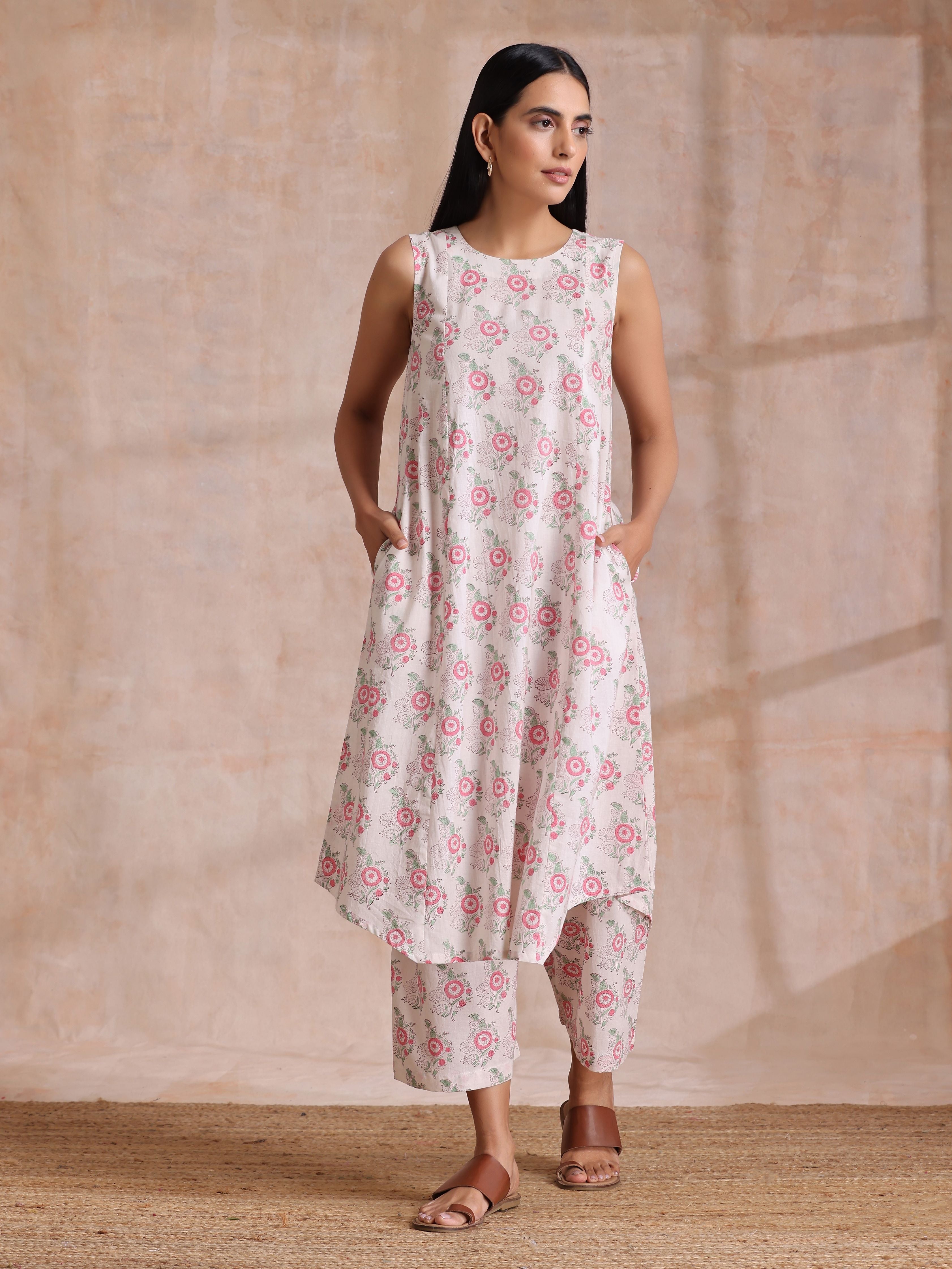 trueBrowns Pink Green Buta On White Block Print Cotton High-Low Co-Ord Set | Grocsy