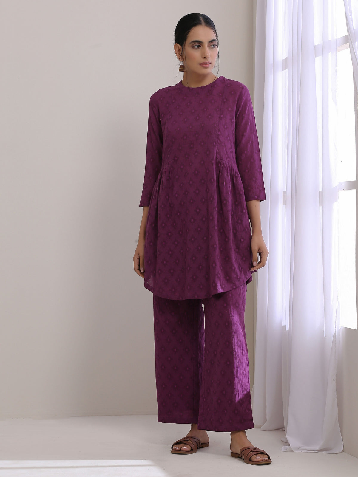 trueBrowns Plum Purple Dobby Gathers Co-Ord Set | Grocsy