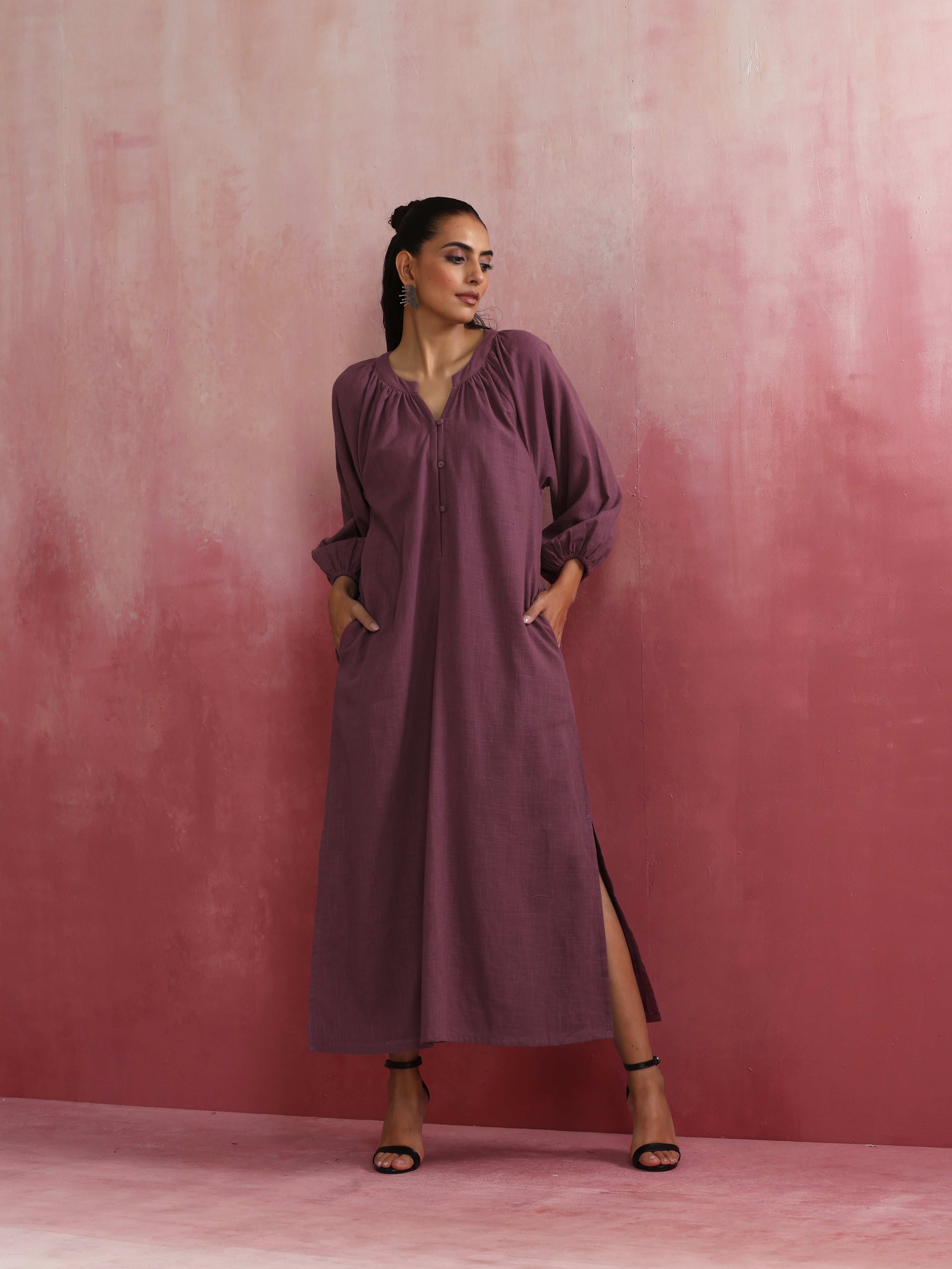 trueBrowns Light Purple Cotton Dobby Dress | Grocsy