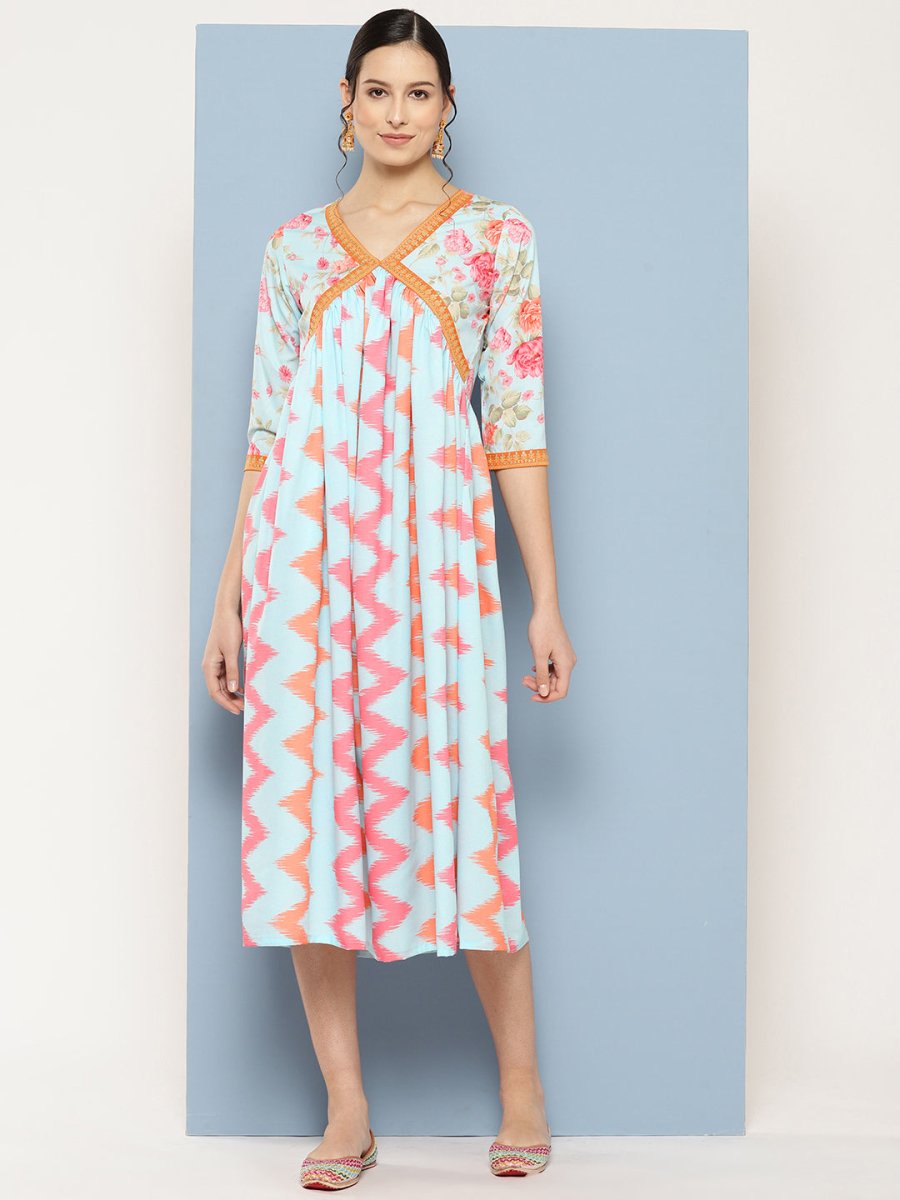 Ahalyaa Floral Printed Midi Empire Ethnic Dress | Grocsy