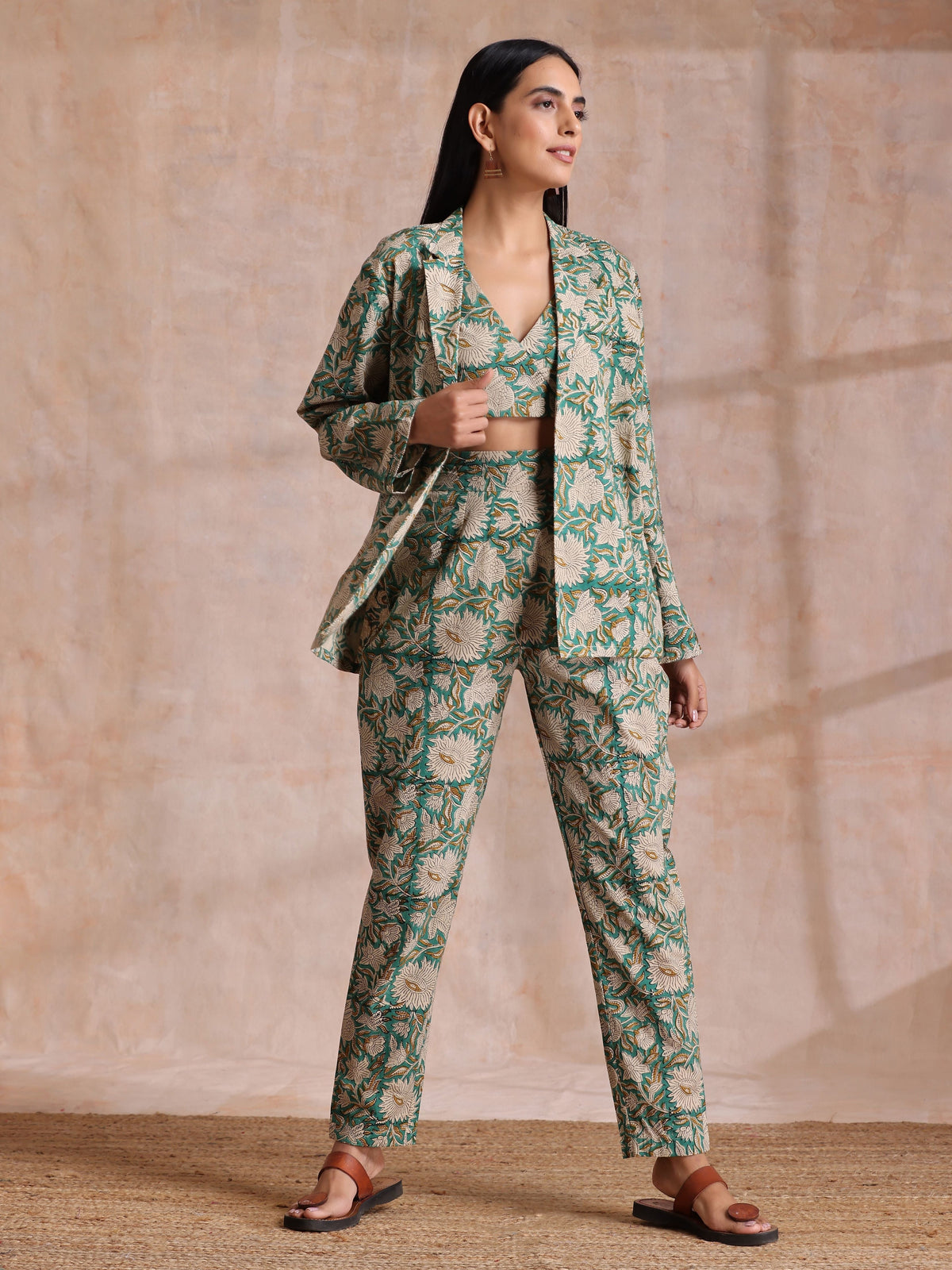 trueBrowns Fern Green Overall Floral Block Print Cotton Pant Suit Set | Grocsy