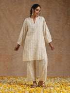 trueBrowns Ivory Gold Cotton Relaxed Co-Ord Set | Grocsy