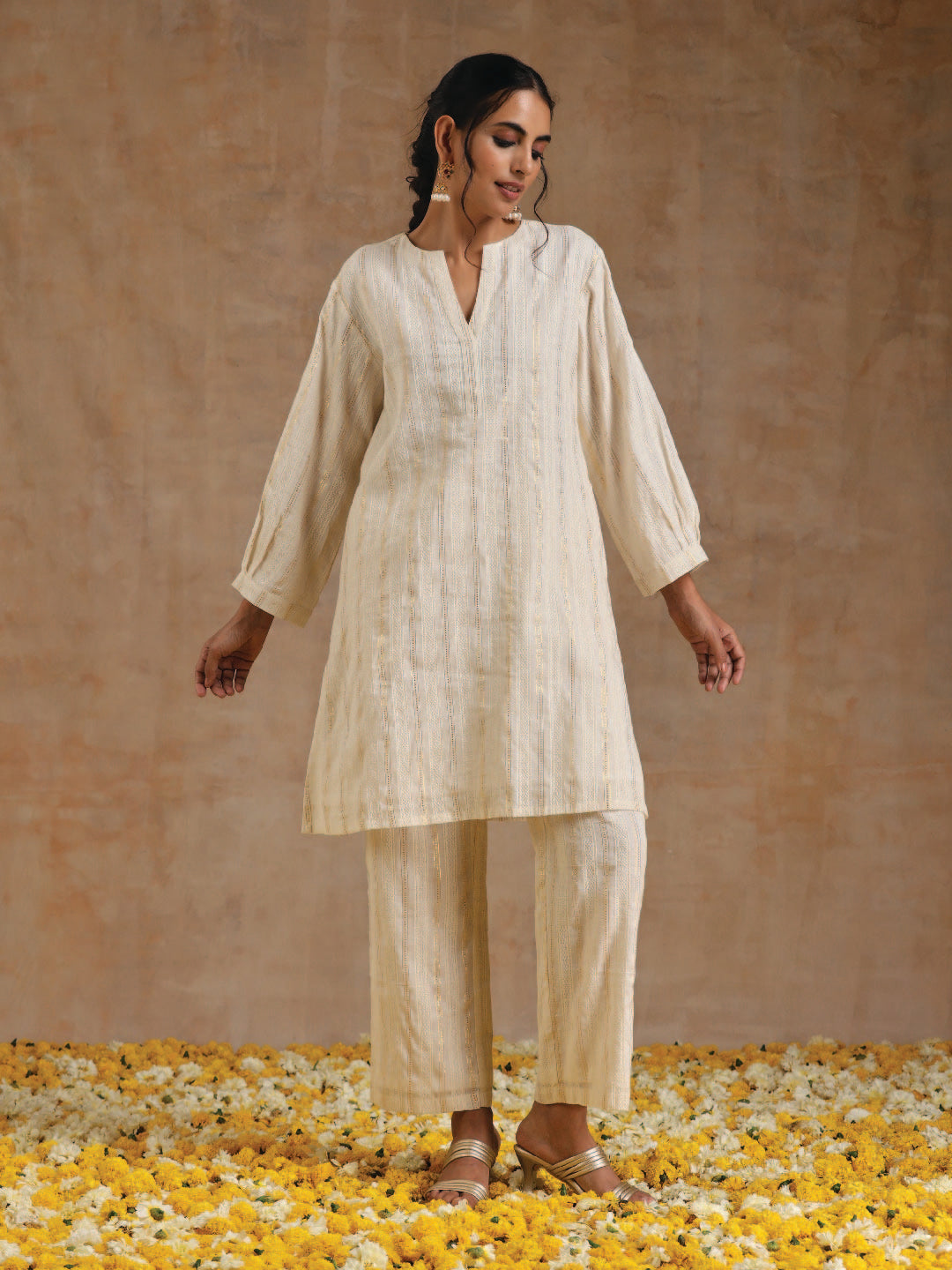 trueBrowns Ivory Gold Cotton Relaxed Co-Ord Set | Grocsy