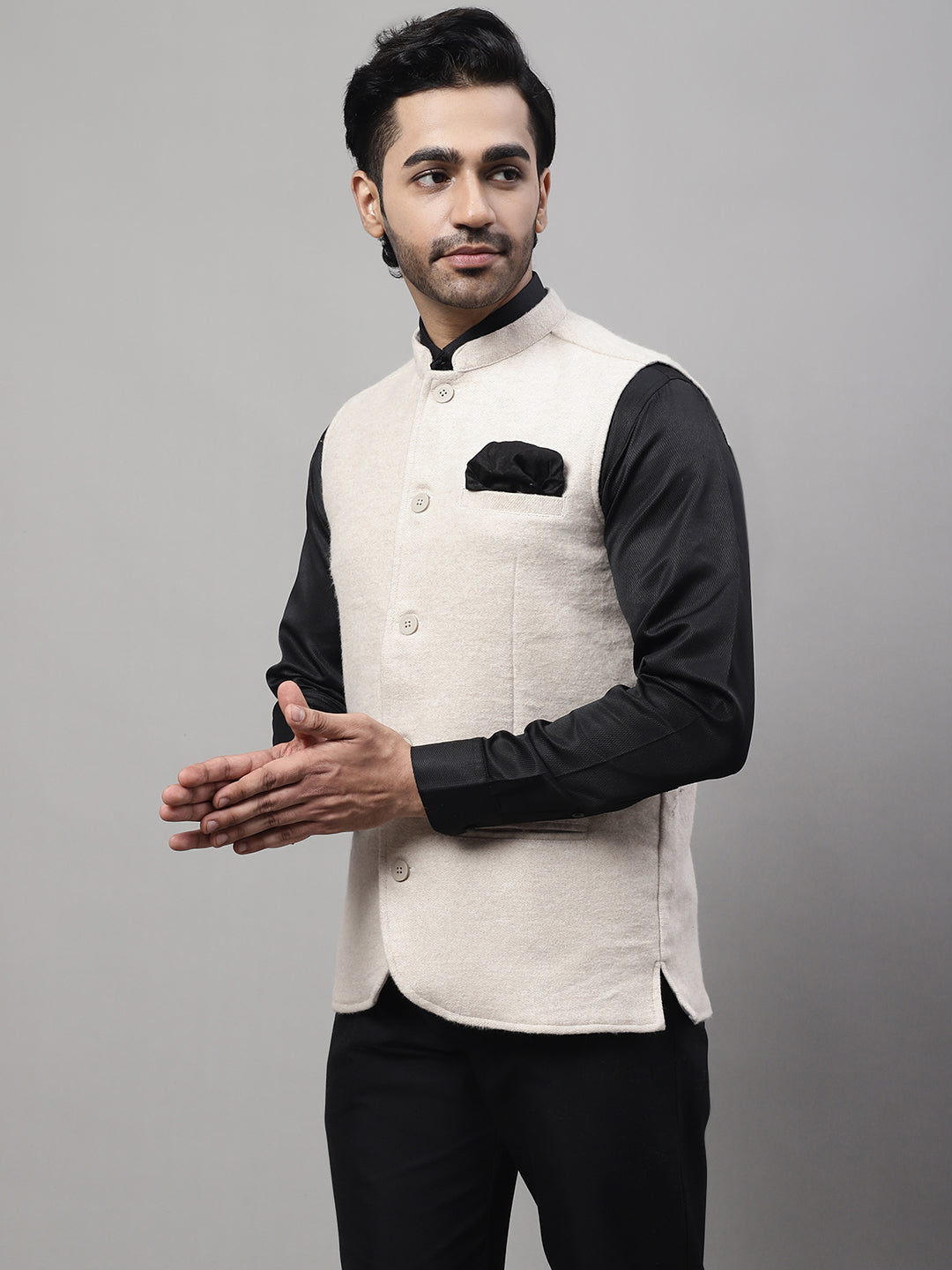 Even Apparels Men's Cream Pure Wool Nehru Jacket | Grocsy