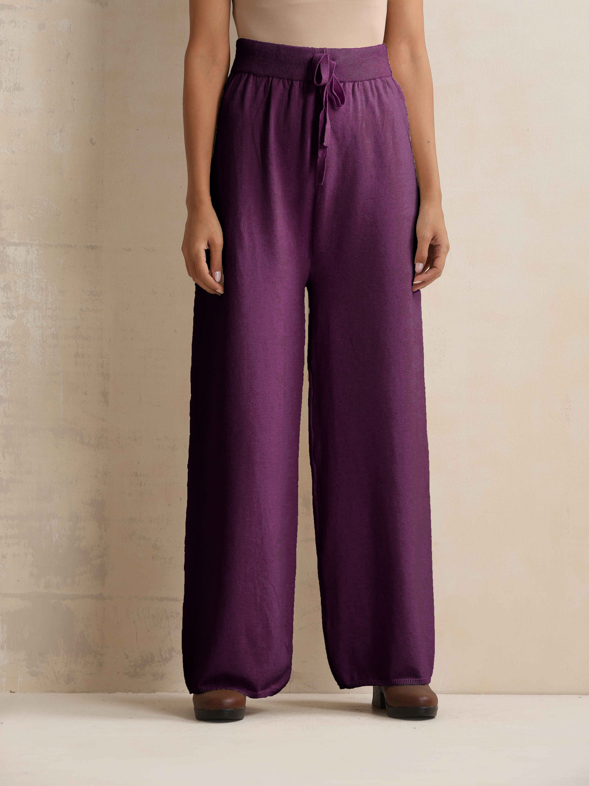 trueBrowns Purple Woollen Flared Pants | Grocsy