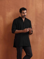 trueBrowns Men's Black Textured Cotton Dobby Short Kurta | Grocsy