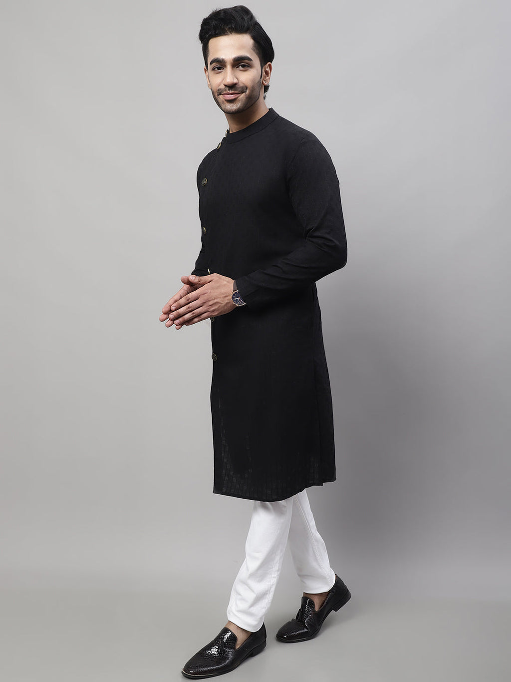 Even Apparels Black Pure Cotton Kurta With Band Collar | Grocsy