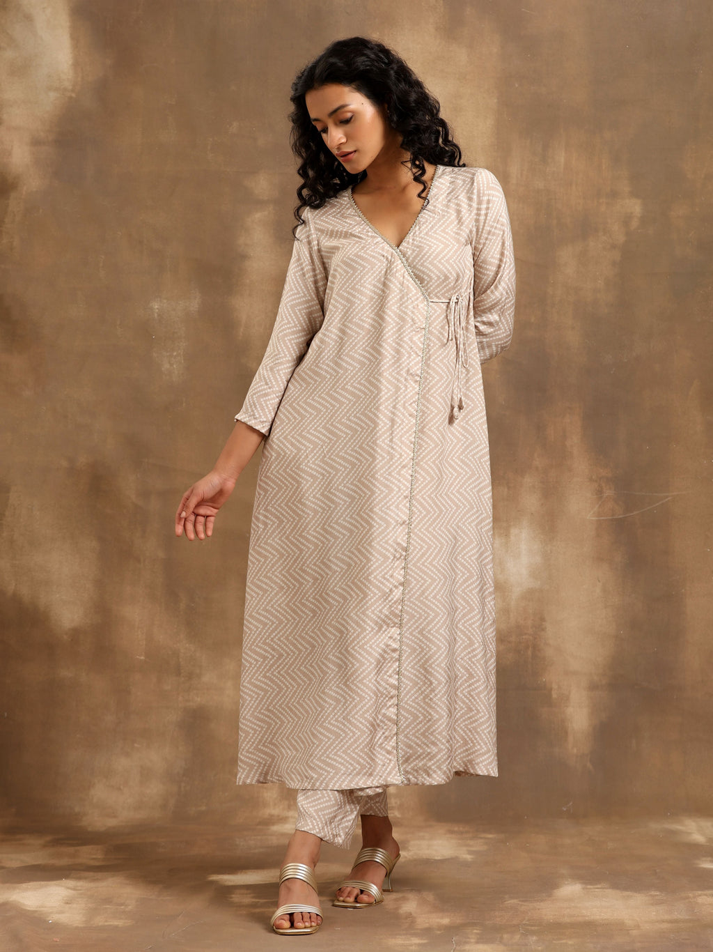 trueBrowns Beige Zig-Zag Print Silk Angrakha Kurta Pant Set | Grocsy