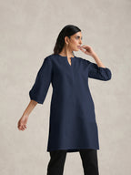trueBrowns Blue Cotton Blend Short Kurta | Grocsy