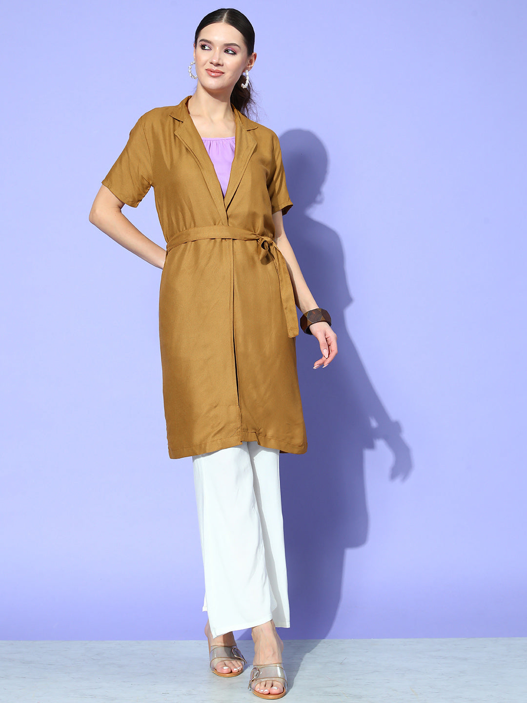 InWeave Women's Camel Brown Cream Pant Coord Set With Mauve Crop Top | Grocsy