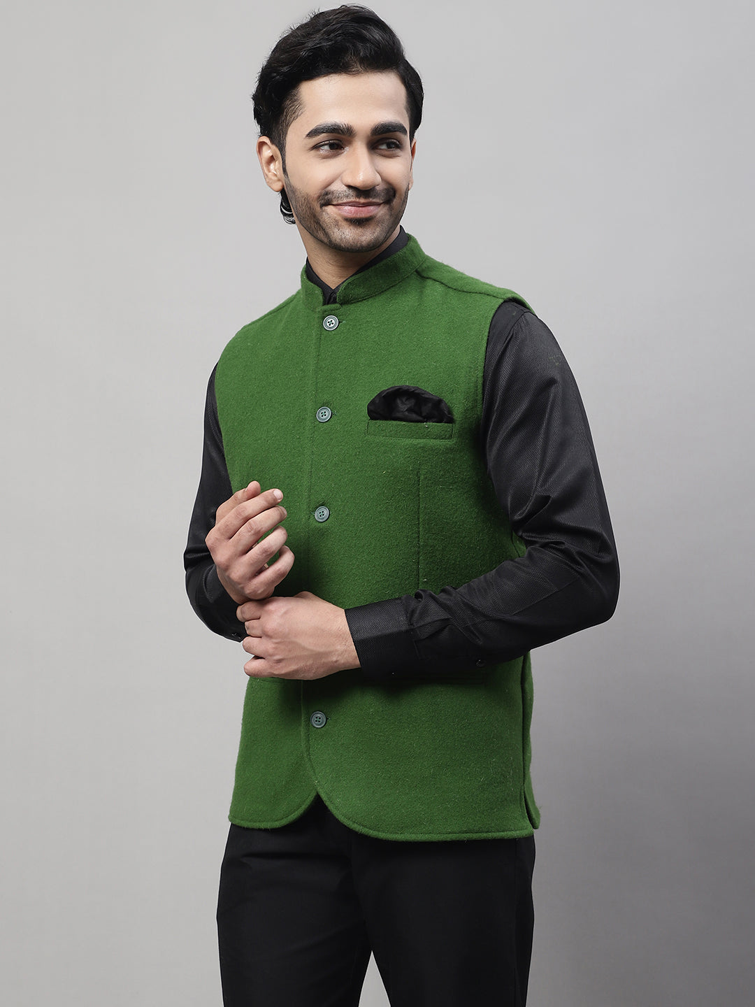 Even Apparels Men's Green Pure Wool Nehru Jacket | Grocsy