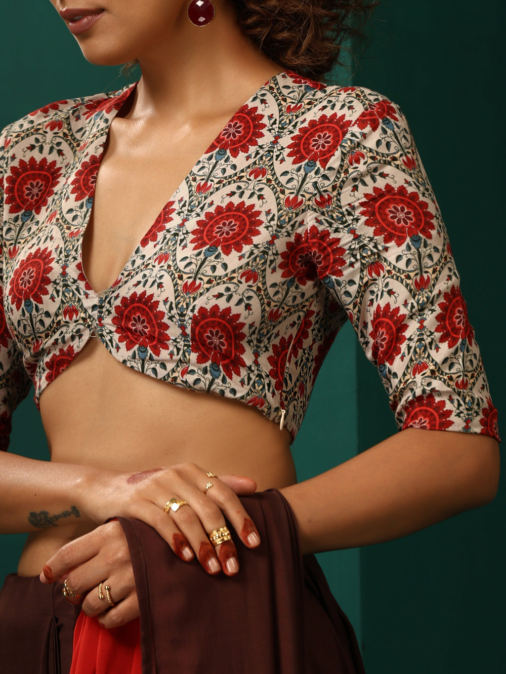 trueBrowns Ivory Red Circle Floral Muslin Silk Printed Deep V-Neck Blouse | Grocsy