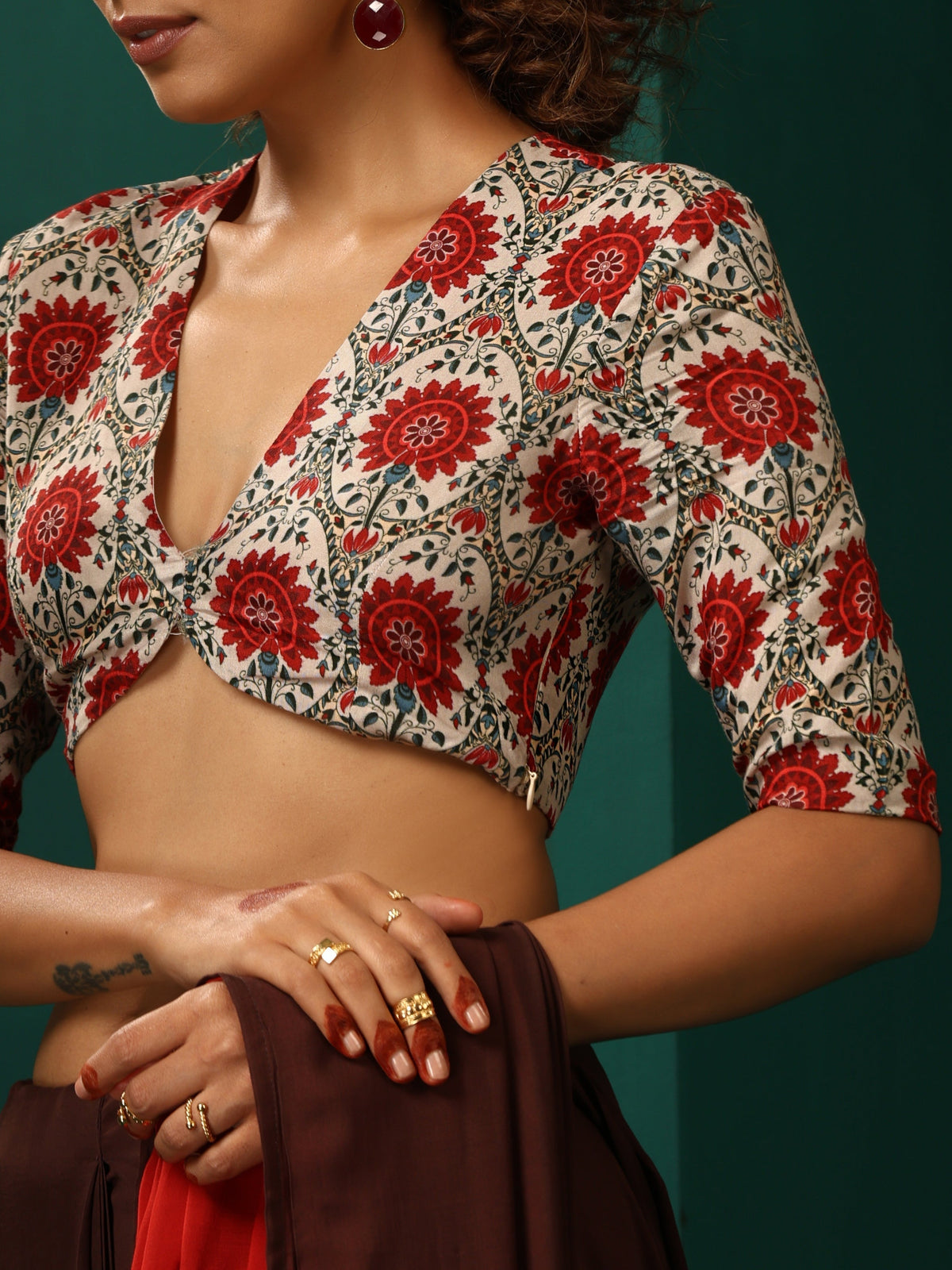 trueBrowns Ivory Red Circle Floral Muslin Silk Printed Deep V-Neck Blouse | Grocsy