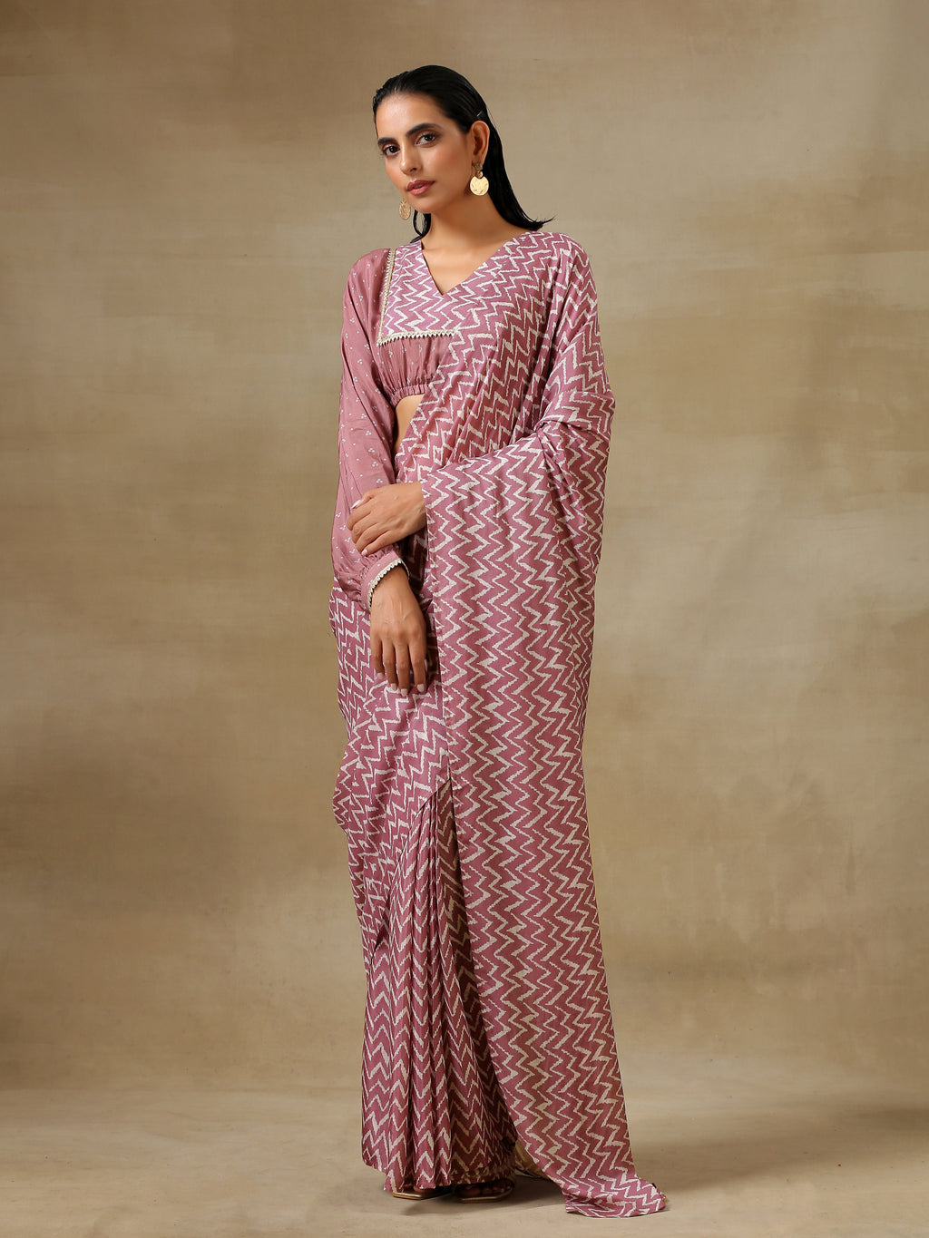 trueBrowns Dark Mauve Bandhani Printed SilkReady to Wear Saree | Grocsy