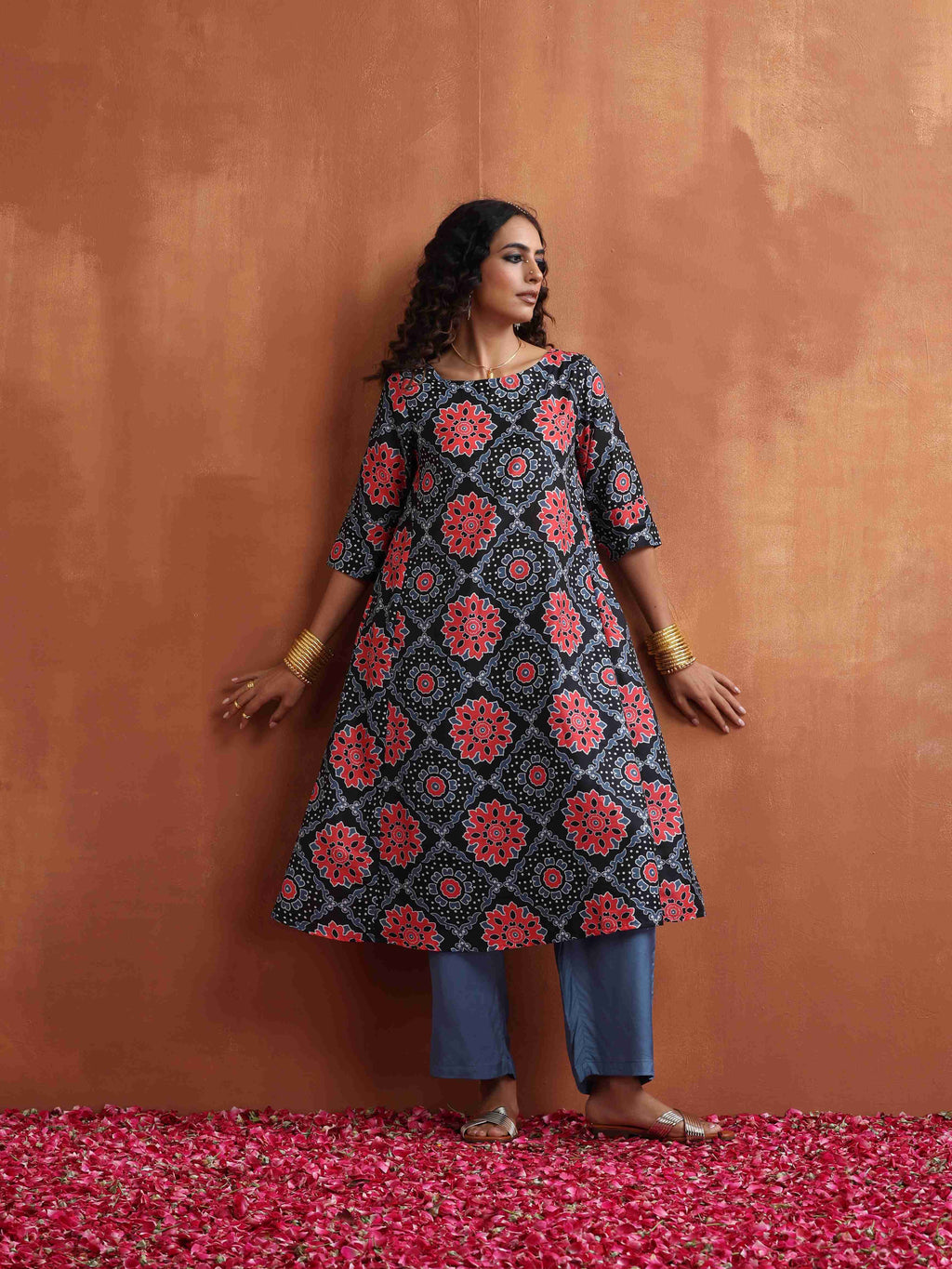 trueBrowns Black Ajrak Print A-line Kurta Set | Grocsy