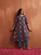 trueBrowns Black Ajrak Print A-line Kurta Set | Grocsy