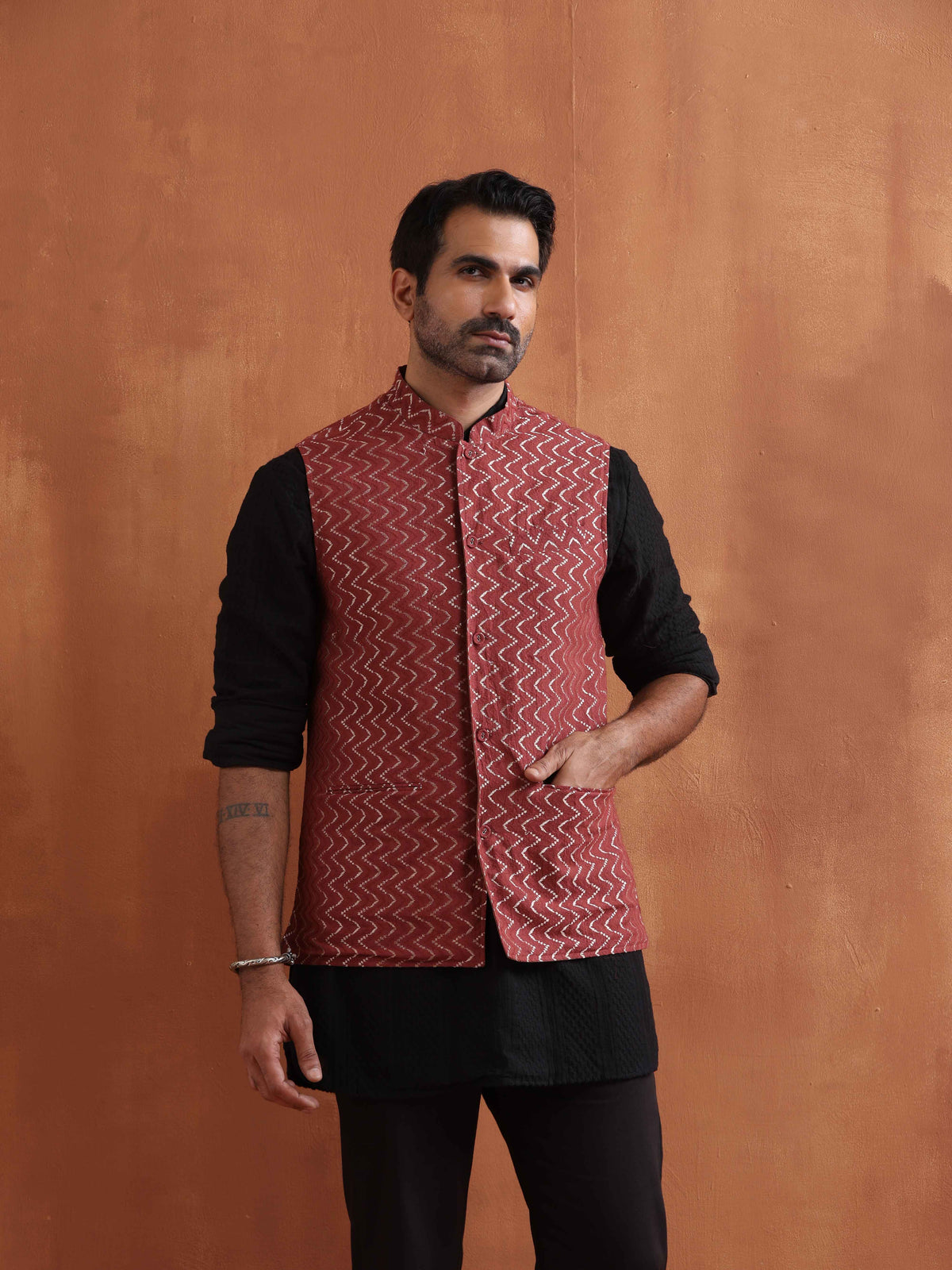 trueBrowns Men's Rust Cotton Dobby Nehru Jacket | Grocsy