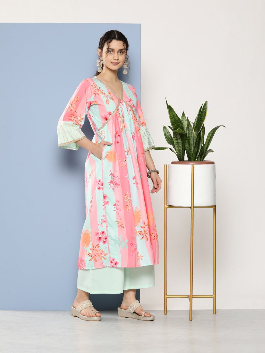 Ahalyaa Women Floral Printed Pleated Gotta Patti Kurta With Palazzos | Grocsy