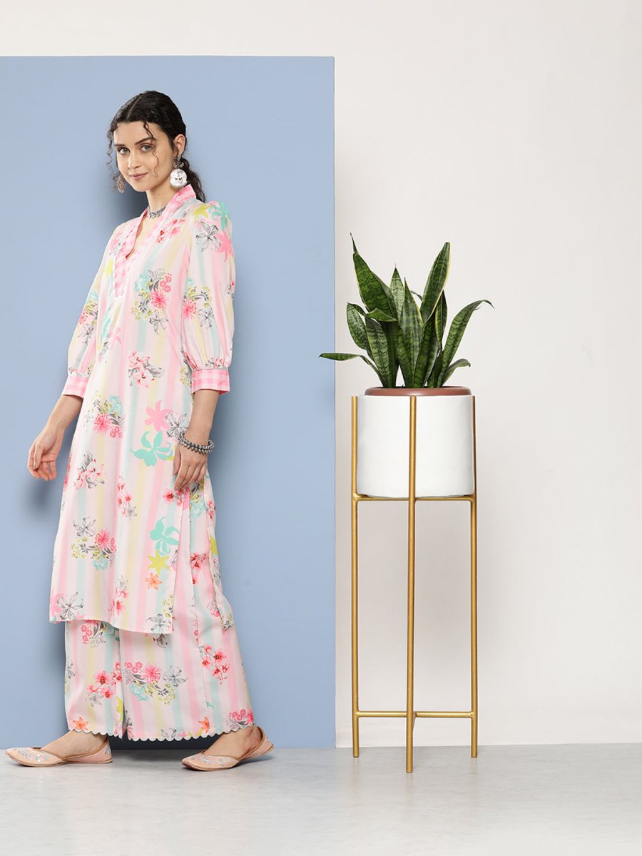 Ahalyaa Women Pink Floral Printed Gotta Patti Kurta with Palazzos | Grocsy