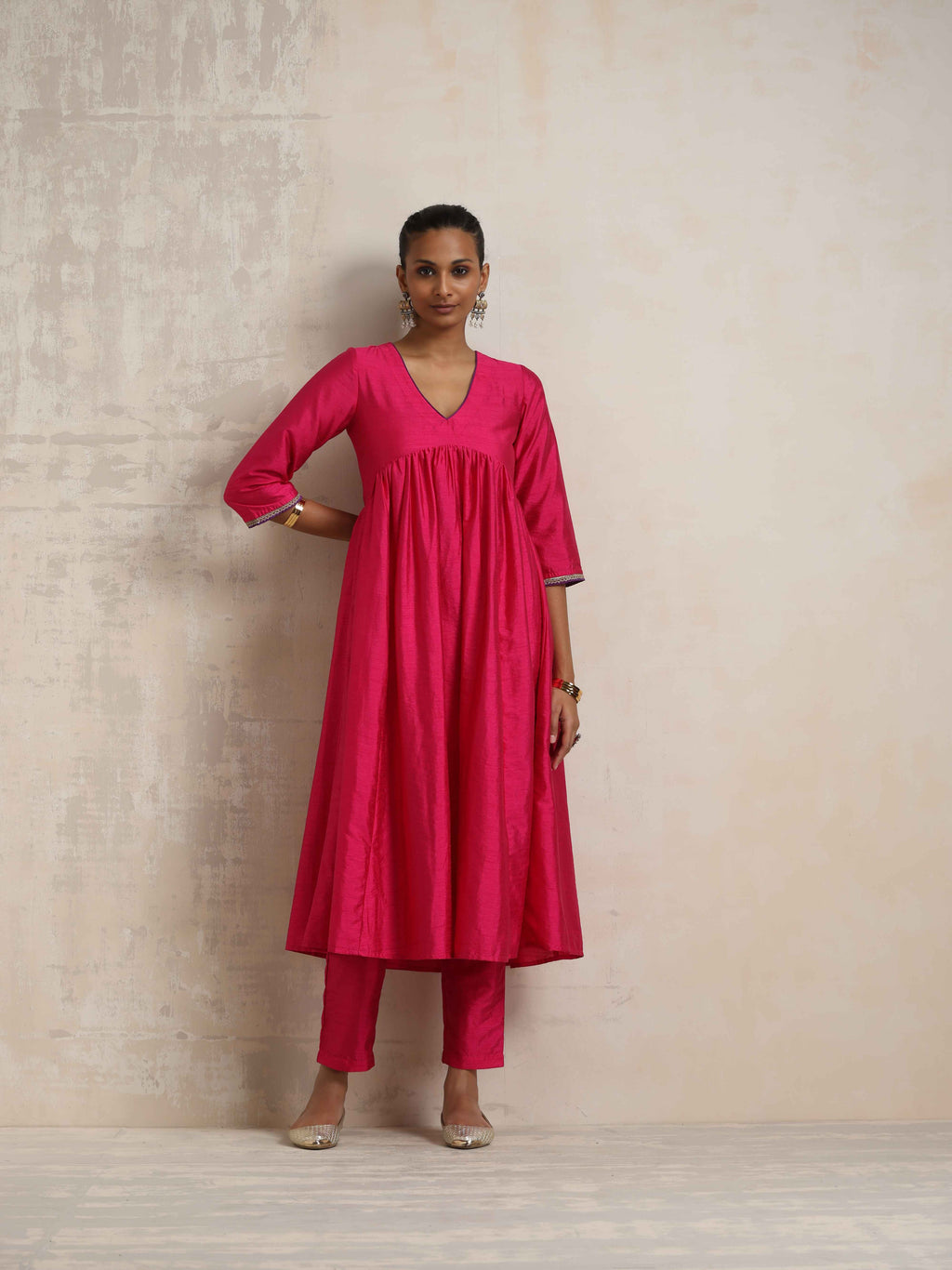 trueBrowns Pink Silk Anarkali Kurta Pant Dupatta Set | Grocsy
