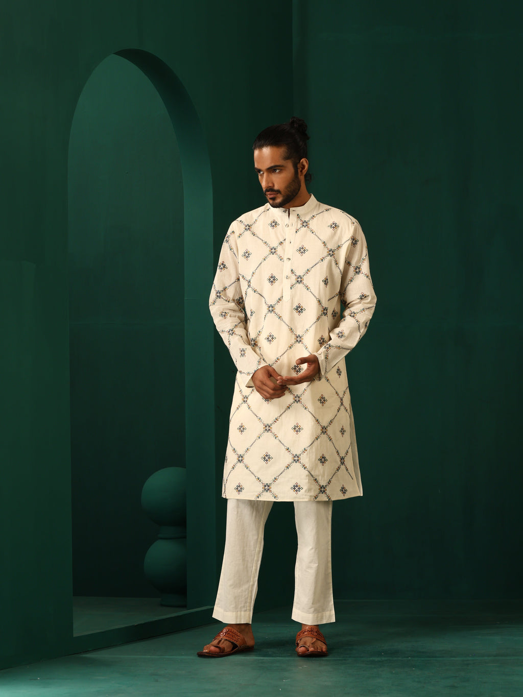 trueBrowns Men's Ivory Rhombus Cotton Kurta | Grocsy