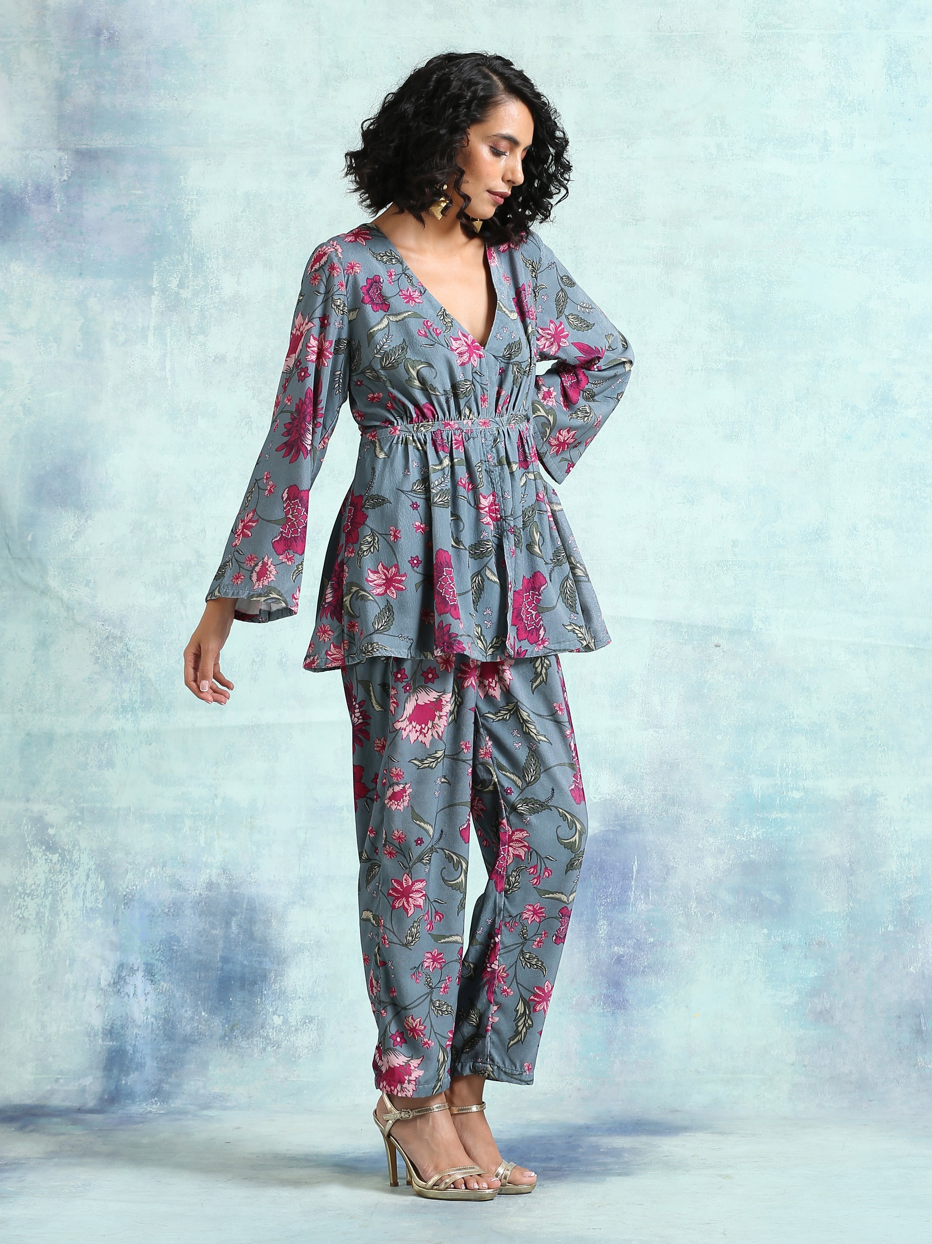 trueBrowns Grey Printed Velvet Co-Ord Set | Grocsy