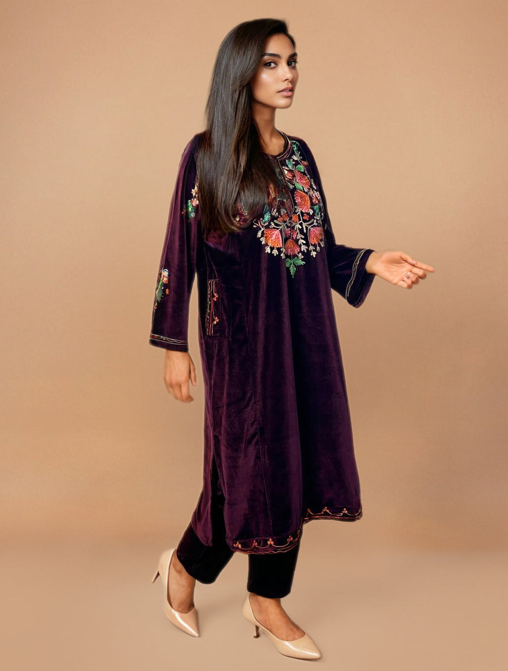 trueBrowns Maroon Velvet Embroidered Kurta Set | Grocsy