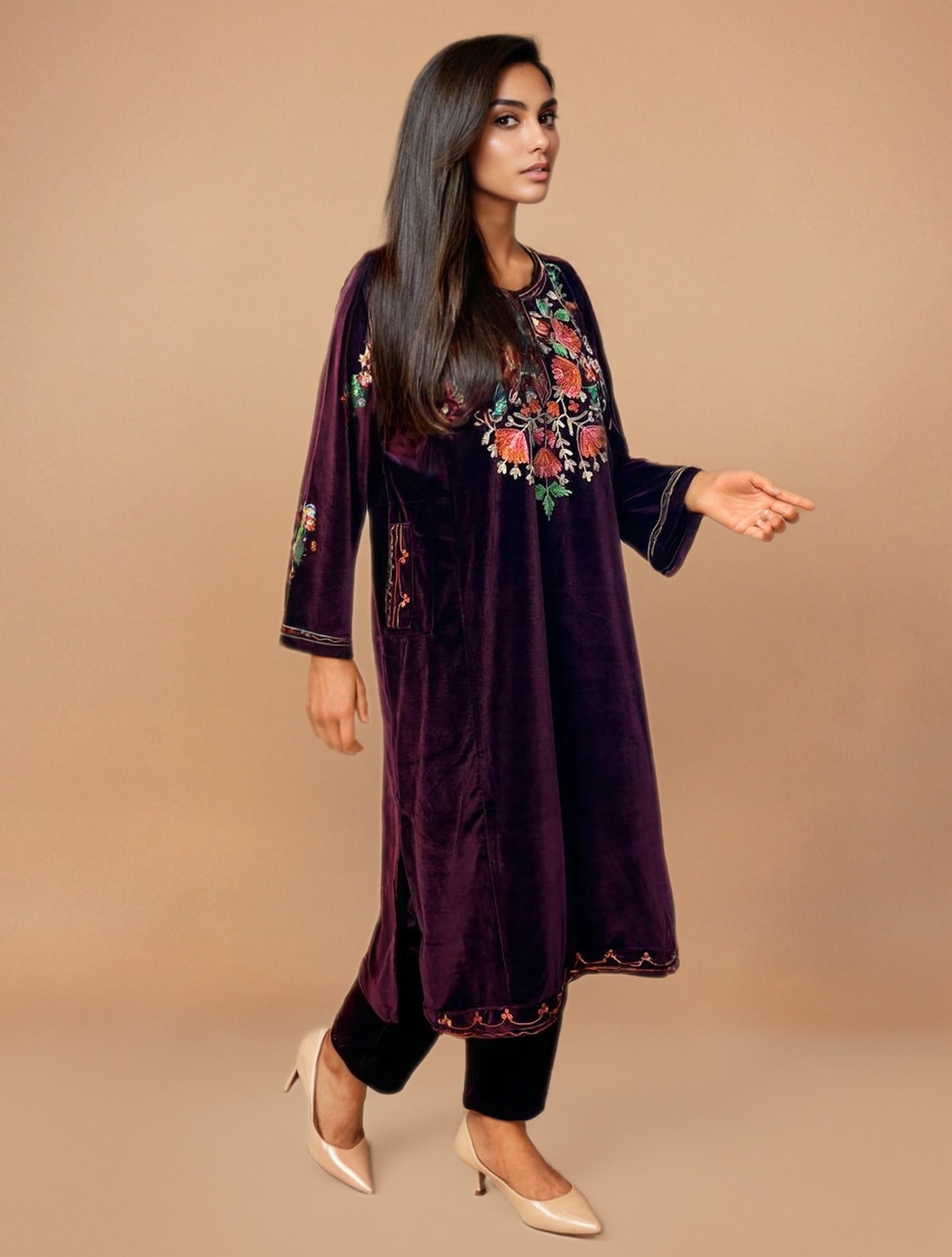 trueBrowns Maroon Velvet Embroidered Kurta Set | Grocsy