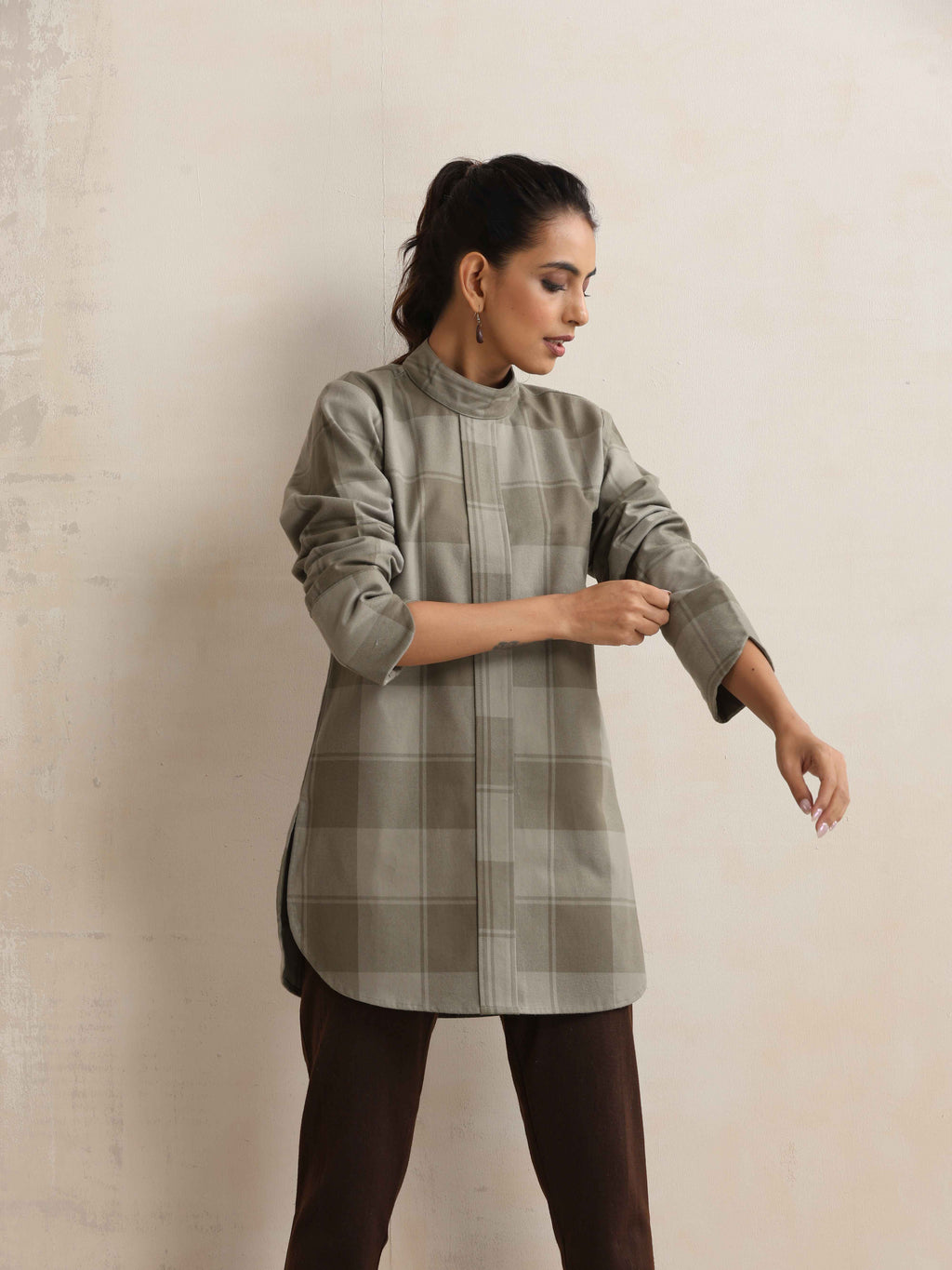 trueBrowns Green Check High Neck Winter Top | Grocsy