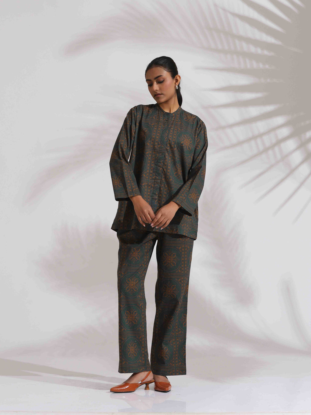 trueBrowns Green Cotton Print Shirt Top & Pants Co-ord Set | Grocsy