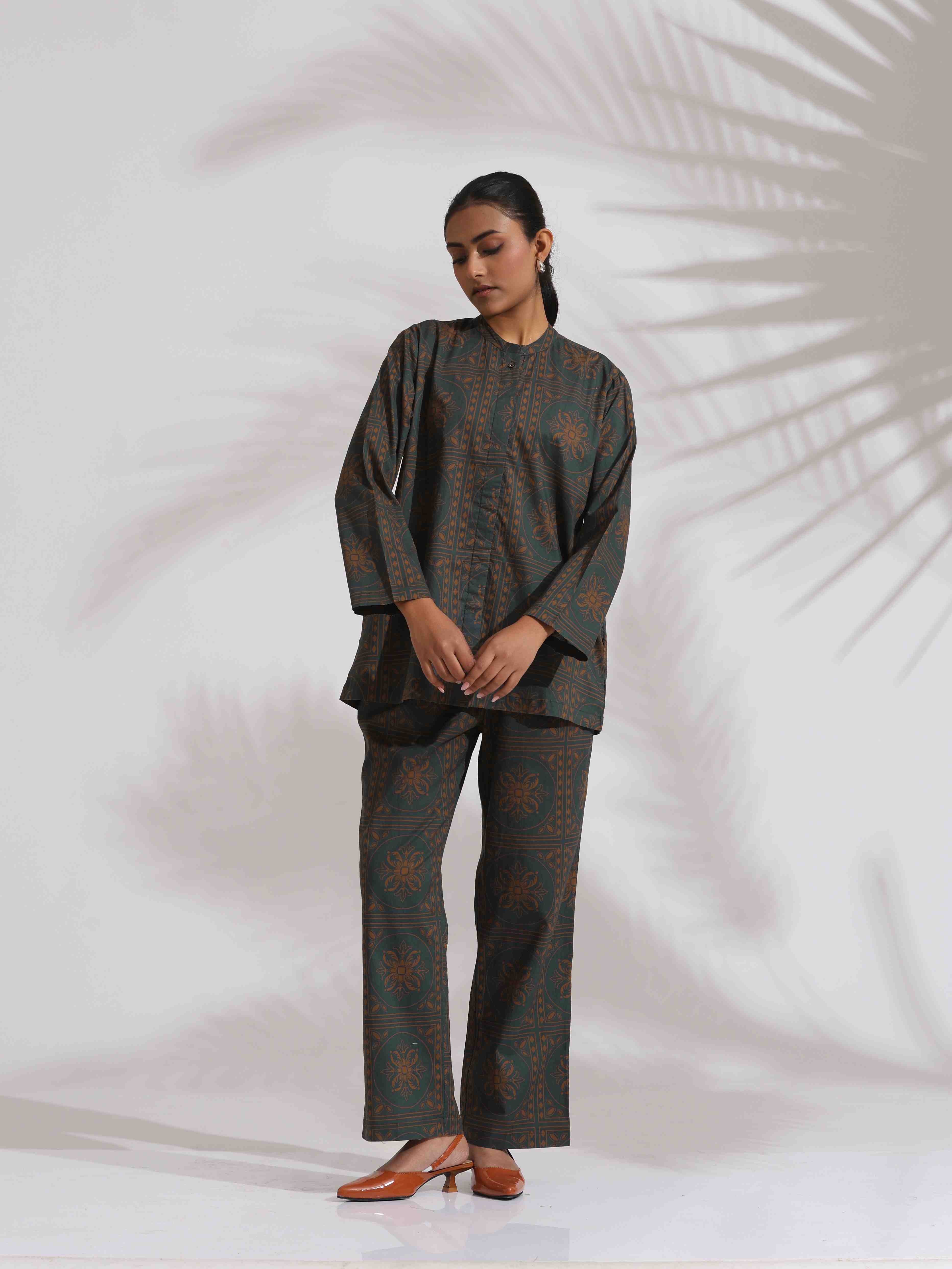 trueBrowns Green Cotton Print Shirt Top & Pants Co-ord Set | Grocsy